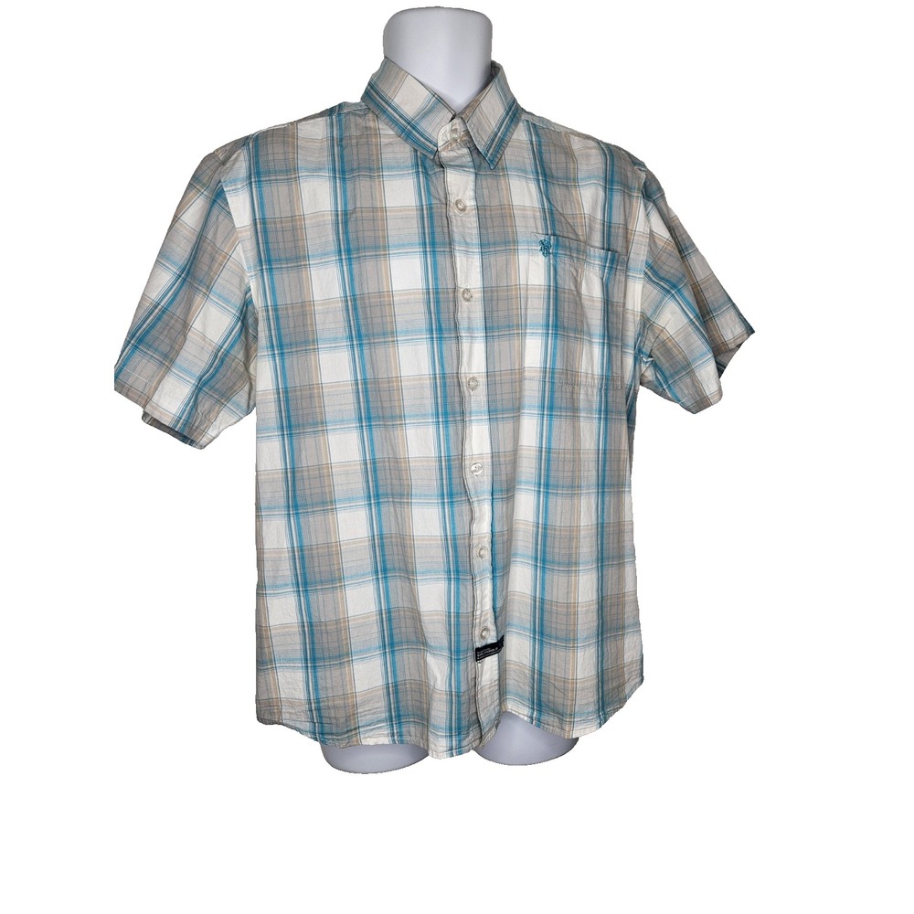 Southpole‎ Plaid Button-Up Shirt Men's L Beige Blue Short Sleeve Casual Cotton